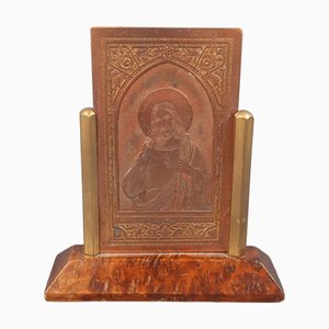 Antique Brass Engraved Altar Plate with Sacred Heart of Jesus by B. Wicker, 20th Century