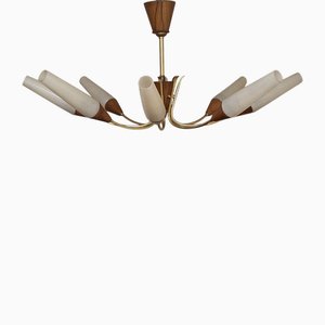 Mid-Century 8-Light Flat Chandelier with Brass and Light Walnut Frame and Slim White Patterned Glass Shades, 1960s