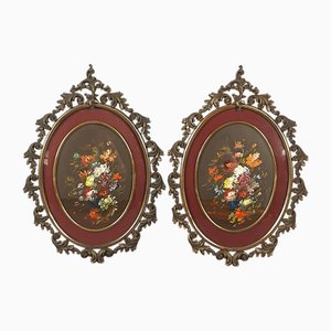 Oval Still Lifes with Flowers, Oil Paintings on Wood, 1960s, Framed, Set of 2