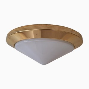 Flat Vintage Ceiling Lamp with White Opaque Glass Shade and Brass Mount from Honsel, 1980s