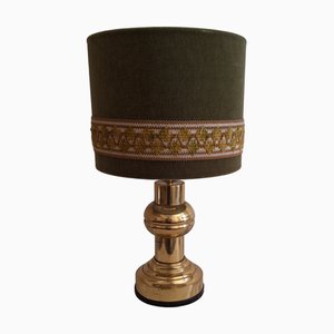 Vintage Table Lamp with Profiled Brass Base and Green Velour Shade, 1970s