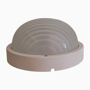 Lampada da soffitto vintage con montatura in plastica bianca e paralume in vetro bianco di Prisma, Italia, anni '80