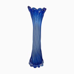 Jarrón moderno en azul cobalto y espiral de cristal de Murano transparente, años 80