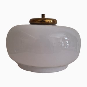 Vintage Ceiling Lamp with White Metal Base, Opaque White Glass Shade and Brass Finish, 1970s