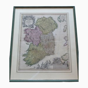 Colored Copper Engraved Map of Ireland by Johann Baptist Homann, 1800s