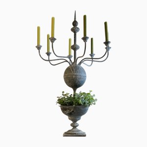 Maceta candelabro belga vintage grande de zinc