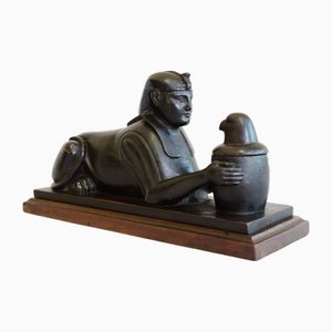 Encrier Vintage en Bois Sculpté avec Horus Sphinx, 1930s