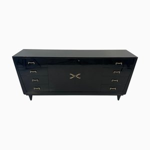 Credenza Art Déco laccata nera con dettagli in ottone, Italia, anni '50