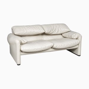 Italian Maralunga Sofa in Off-White Leather by Vico Magistretti for Cassina, 1980