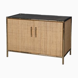 Vintage Italian Brass Framed Rattan and Faux Bamboo Cabinet, 1980
