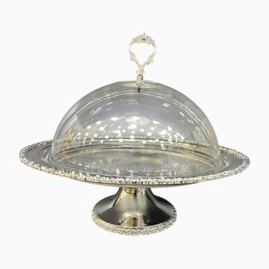 Alzata per torte in ottone placcato argento con ripiano in vetro acrilico