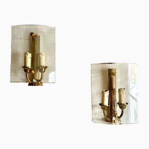 Vintage Art Deco Brass Lamps with Curved Glass Shades, 1970s, Set of 2