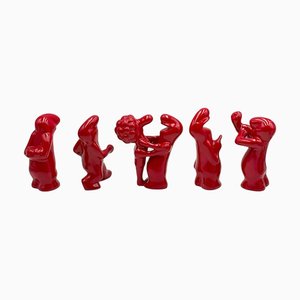 Vintage Keramik La Linea Figuren in Rot von Osvaldo Cavandoli, 1960er, 5er Set