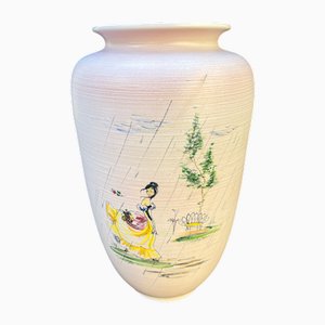 Mid-Century Hand-Painted Studio Pottery Vase in Light Pink with Motif of Lady in the Rain, 1960s