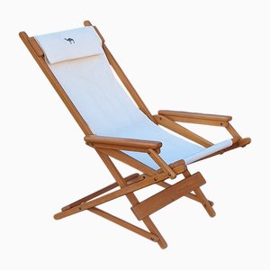 Tumbona plegable vintage de madera de mango claro con funda de lino de Camel, años 80