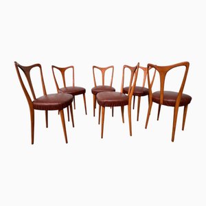 Vintage Italian Chairs in Beech and Brown Skai Seat, 1950s, Set of 6