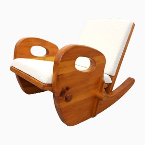 Brutalist Rocking Chair in Pine and Bouclé Fabric, 1950s