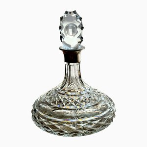 Vintage Cut Glass Ships Decanter with Sterling Silver Collar by Israel Freeman & Son Ltd, 1968