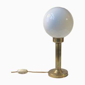 Scandinavian Modern Brass Table Lamp with Opaline Glass Globe, 1970s