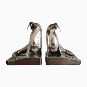 Art Deco Walrus Bookends in Silver-Plated Bronze by G.H. Laurent, 1920s, Set of 2