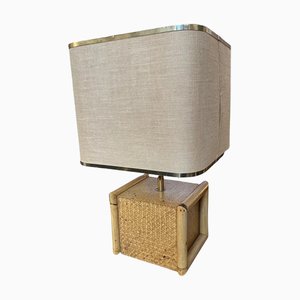 Mid-Century Modern Italian Square Table Lamp in Bamboo and Brass, 1970s