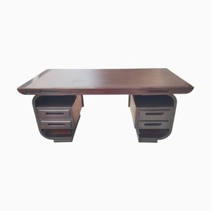 Scrivania in legno curvato con ripiano in pelle, anni '70