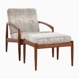 Dänischer Midcentury Paper Knife Chair & Fußhocker aus Teak von Kai Kristiansen für Magnus Olesen, 1960er, 2er Set