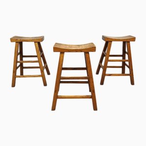 Brutalist Wooden Curved Bar Stools, 1970s, Set of 3