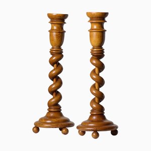 Antique Swedish Empire Candlesticks in Birch, Set of 2