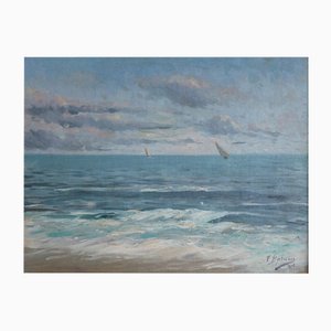 Paesaggio marino impressionista con barche a vela, olio su tela, con cornice