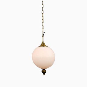 Mid-Century Satin Etched Opaline Globe Pendant Lamp with Brass Globe Finial