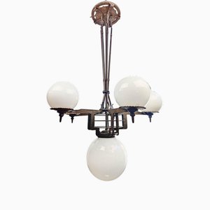 Lustre Brutaliste Amsterdam School en Fer Forgé avec Globes en Verre Opalin, Pays-Bas