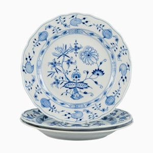 Assiettes Plates Motif Oignon Bleu en Porcelaine, Meissen, Allemagne, Set de 3