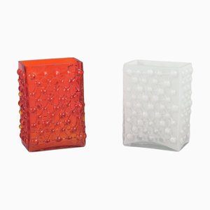 Modernist Art Glass Vases with Geometric Relief from Fåglavik, Sweden, 1970s, Set of 2