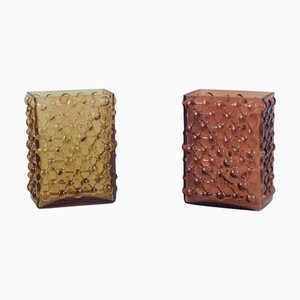 Modernist Art Glass Vases with Geometric Relief from Fåglavik, Sweden, 1970s, Set of 2