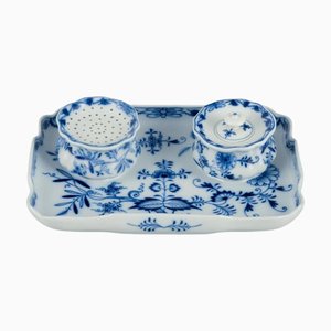 Blue Onion Pattern Inkwell Set in Porcelain, Meissen, Germany, Set of 3