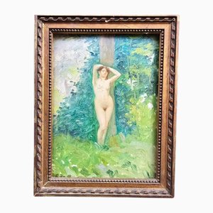Roland De Baere, Nudo in un paesaggio di foresta, Olio su tavola, anni '70
