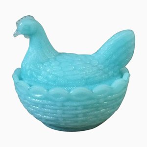Zoomorphic Sugar Bowl in the Shape of Hen in Blue Opaline from Portieux Crystalworks