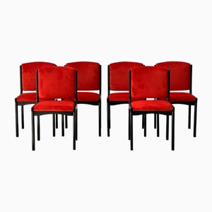 Wooden and Velvet Dining Chairs, 1980s, Set of 6