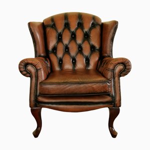 Butaca Chesterfield de cuero marrón
