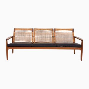 Vintage Danish Rattan Backed Sofa by Hans Olsen for BRDR Juul Kristensen, 1950s