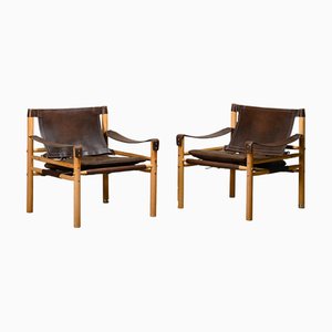 Sirocco Safari Lounge Chairs in Dark Brown Leather and Ash by Arne Norell for Arne Norell Ab, 1970s, Set of 2