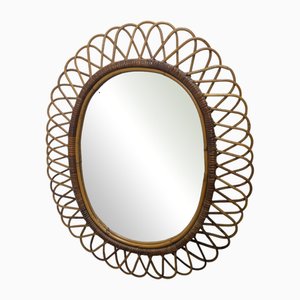 Oval Wall Mirror with Bamboo Frame in the style of Franco Albini, 1970s