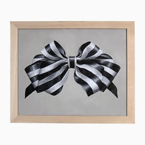 Fluffy Ribbon Painting Black & WHite Striped Bow, Minimal Elegant With Frame