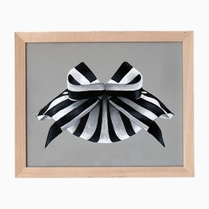 Small Framed Ribbon Painting Giant Striped Bow, Abstract Minimal Fun