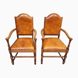 Set of Vintage Dining Armchairs in Oak and Leather, 1930s