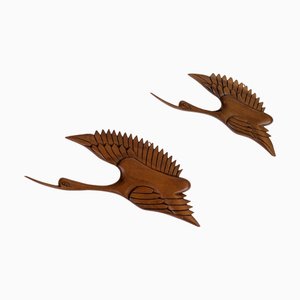 Midcentury Handcarved Teak Cranes in Flight, Denmark, 1960s, Set of 2