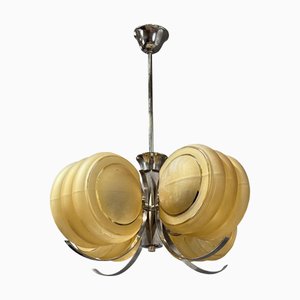 Lampadario Art Déco in metallo cromato con paralumi in vetro originali, anni '30