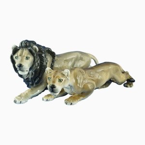 Ceramic Lion and Lioness Sculptures by Ernst Wahliss for Goldscheider, Austria, Early 20th Century, Set of 2