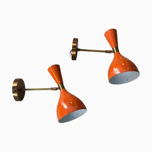 Vintage Italian Brass and Painted Orange Metal Wall Sconces, 2000, Set of 2
